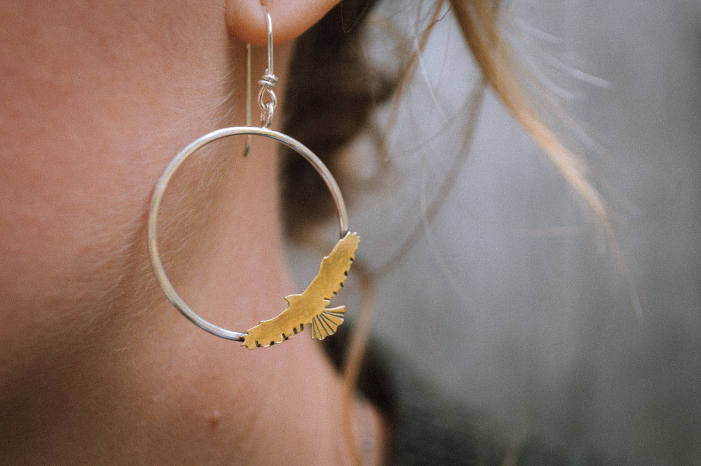 Sterling and Brass Hawk Hoop Earrings