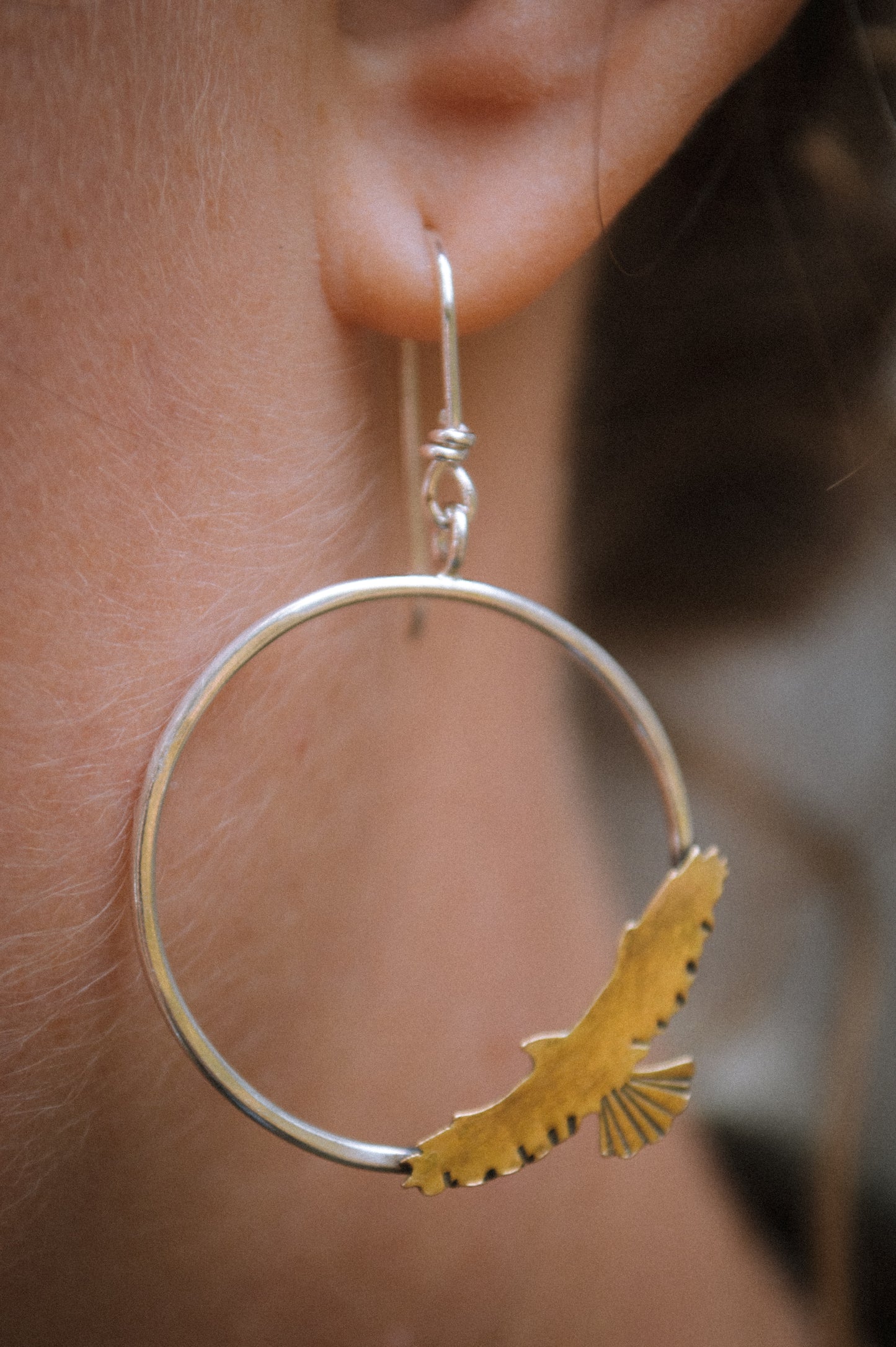 Sterling and Brass Hawk Hoop Earrings
