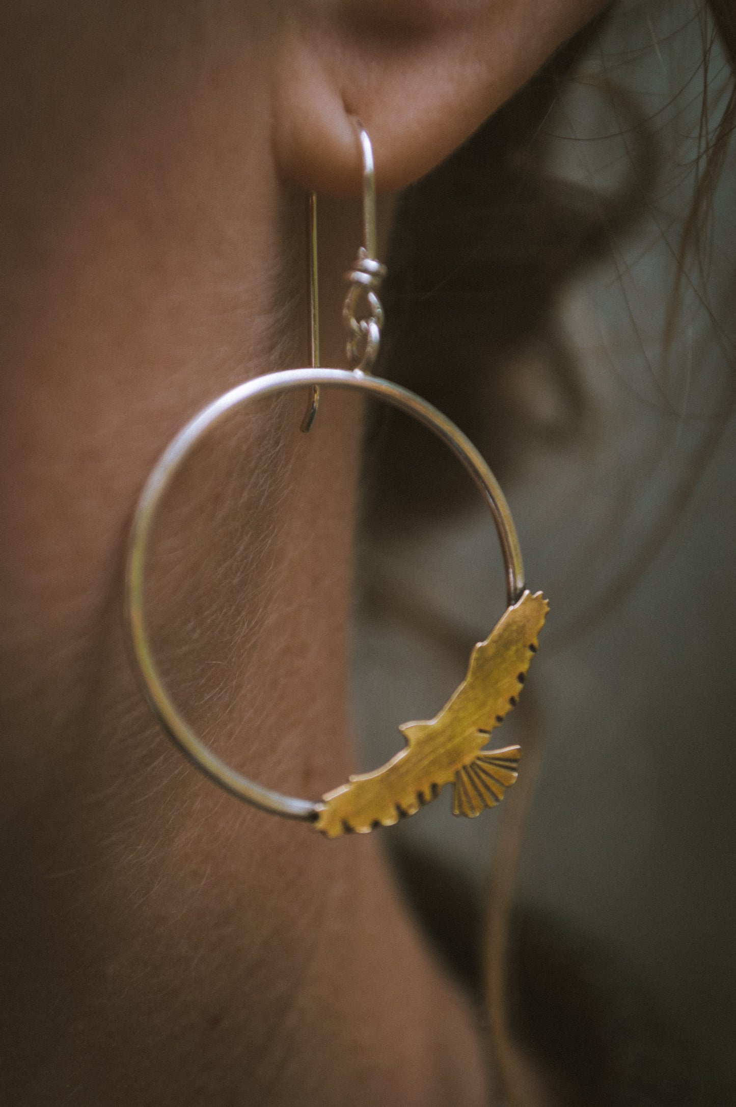 Sterling and Brass Hawk Hoop Earrings