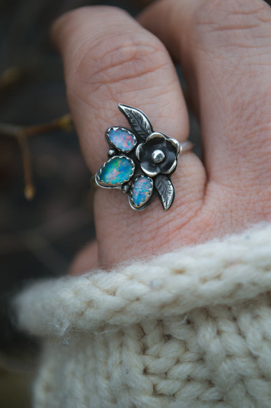 Australian Opal Flower Ring Size 8
